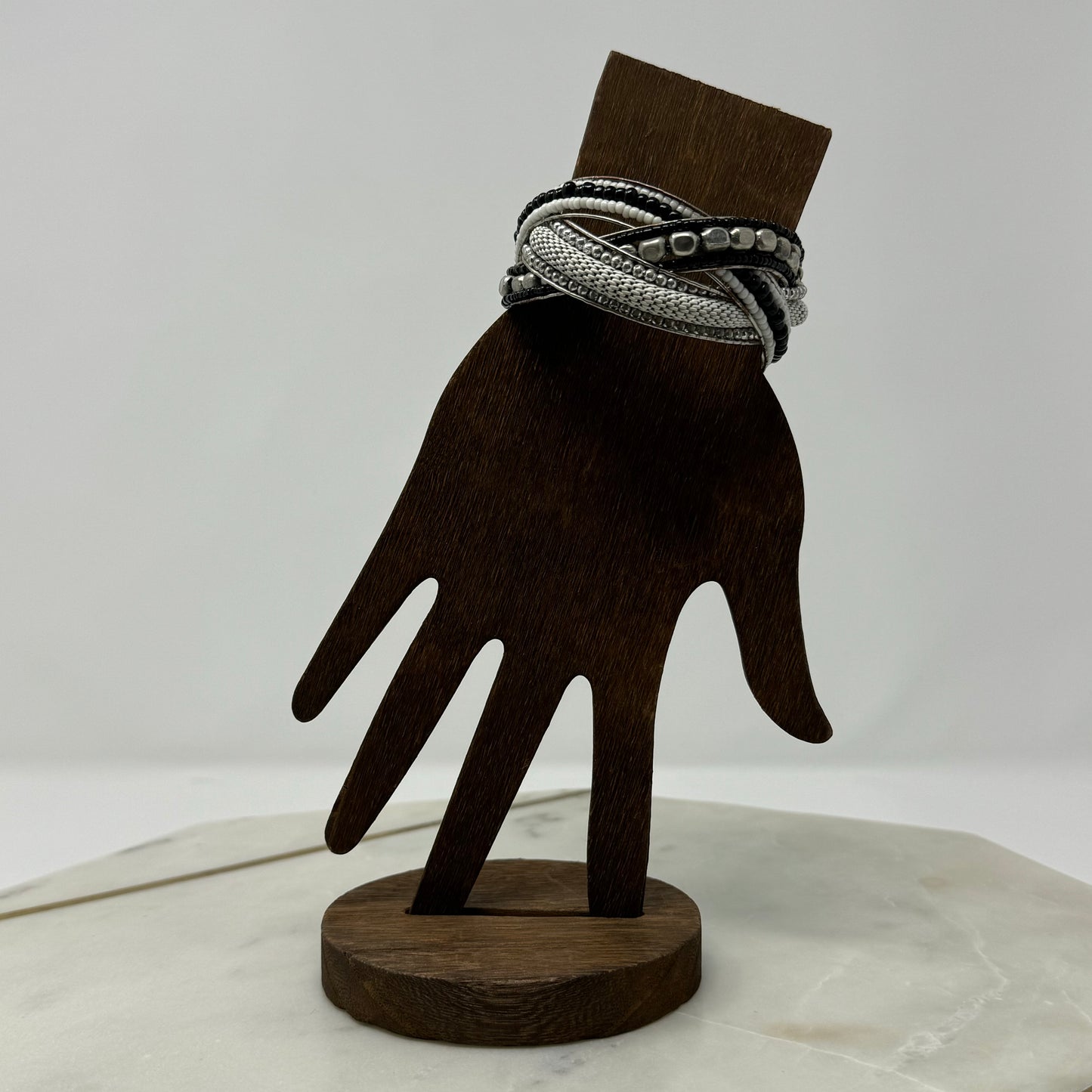 Braided Black & Silver Beaded Cuff Bracelet