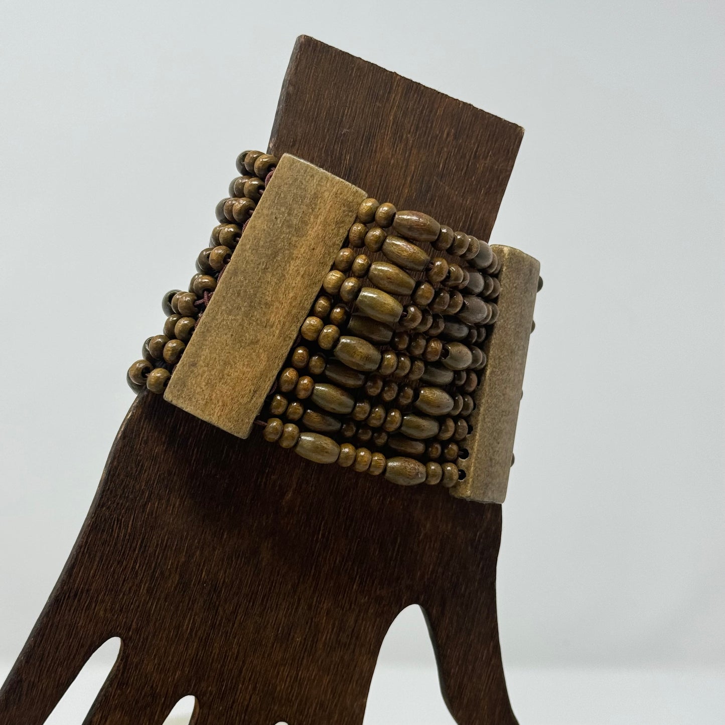 Bracelet Boho Multi-Layer Tall Cuff Bangle Wood Beads 7.75 in Costume Jewelry