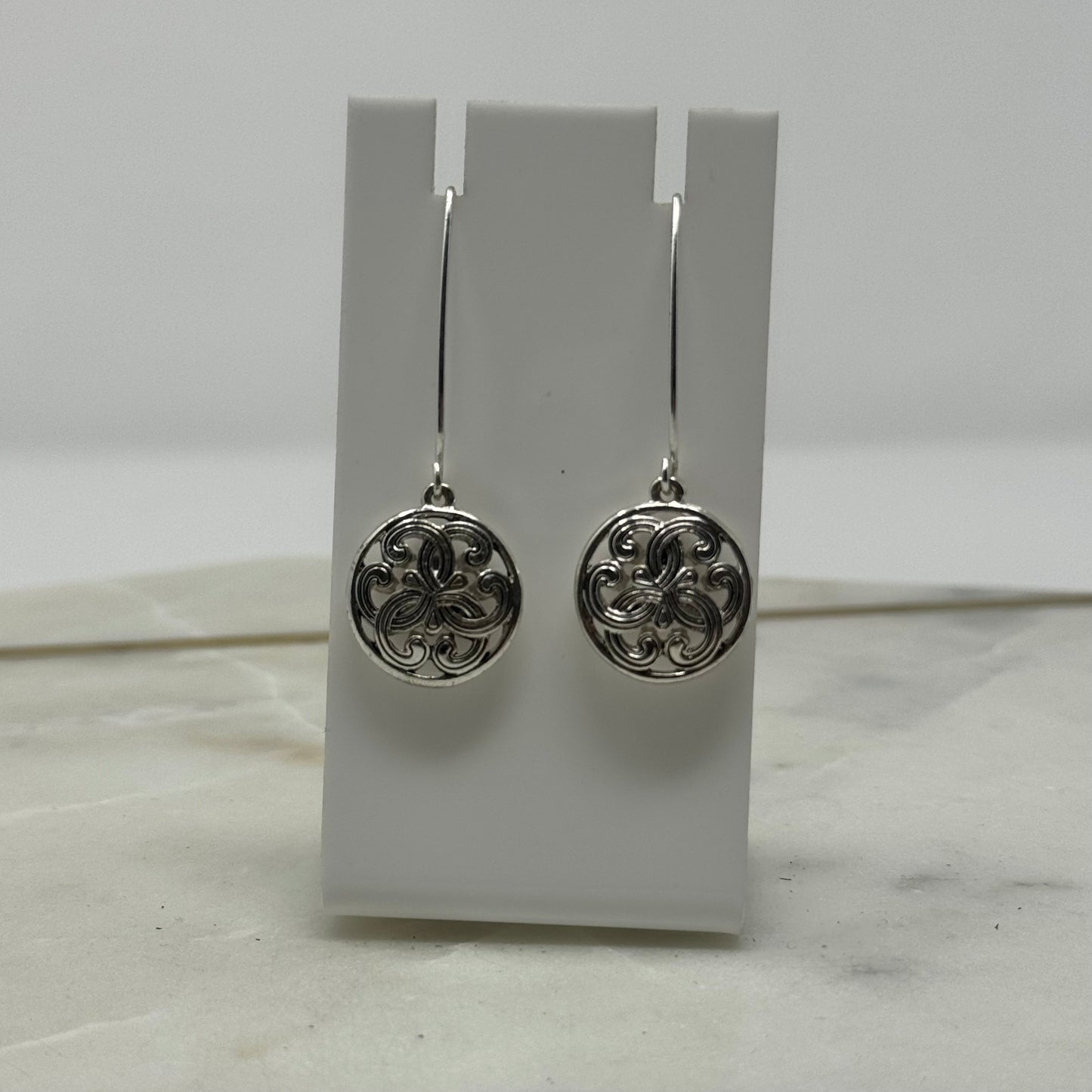 Round Silver Intricate Dangle Long Hook Earrings