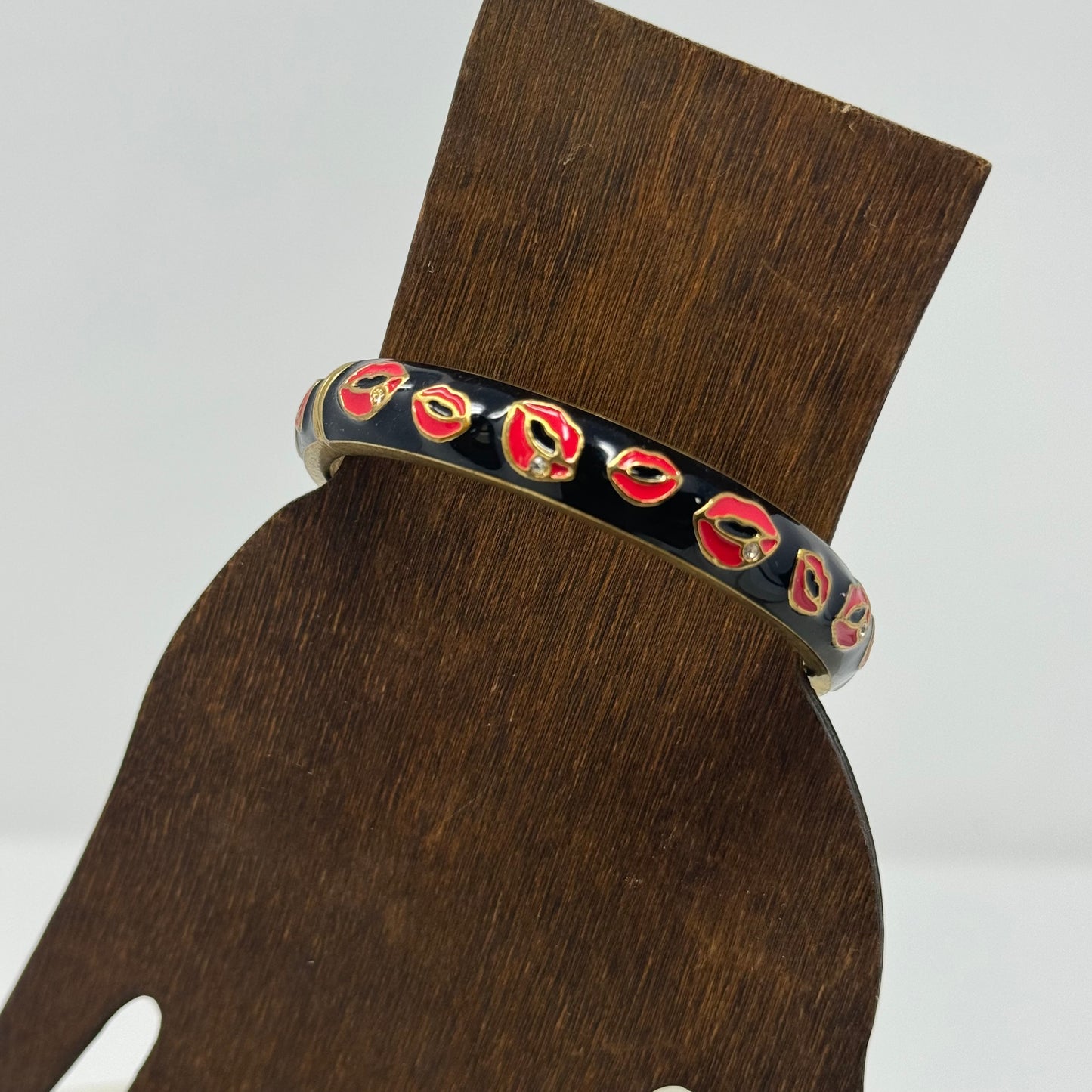 Betsy Johnson Black Enamel Bracelet with Red Lip Design Statement Jewelry