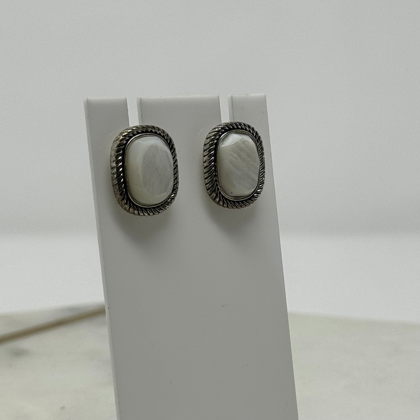 Boho White Shimmer Stone Tribal Silver Post Earrings