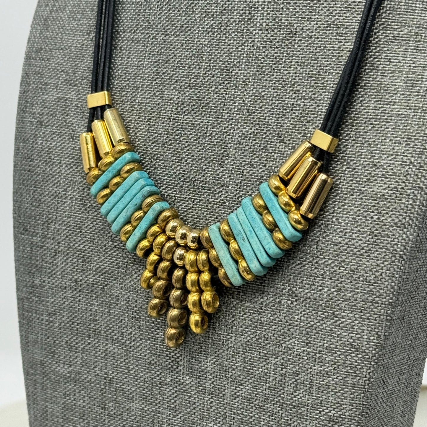 Necklace Boho Southwest Beaded Gold Tone Turquoise 14 in Cord