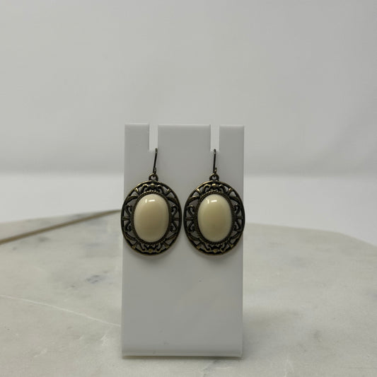 Oval Brass & White Dangle Earrings