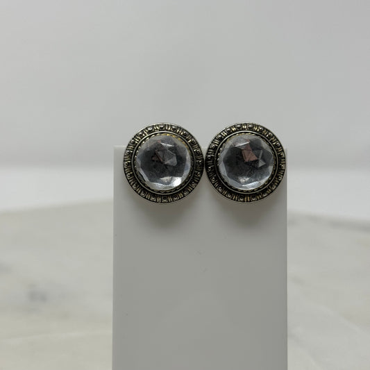 Vintage Round Rhinestone Bronze Clip-On Earrings