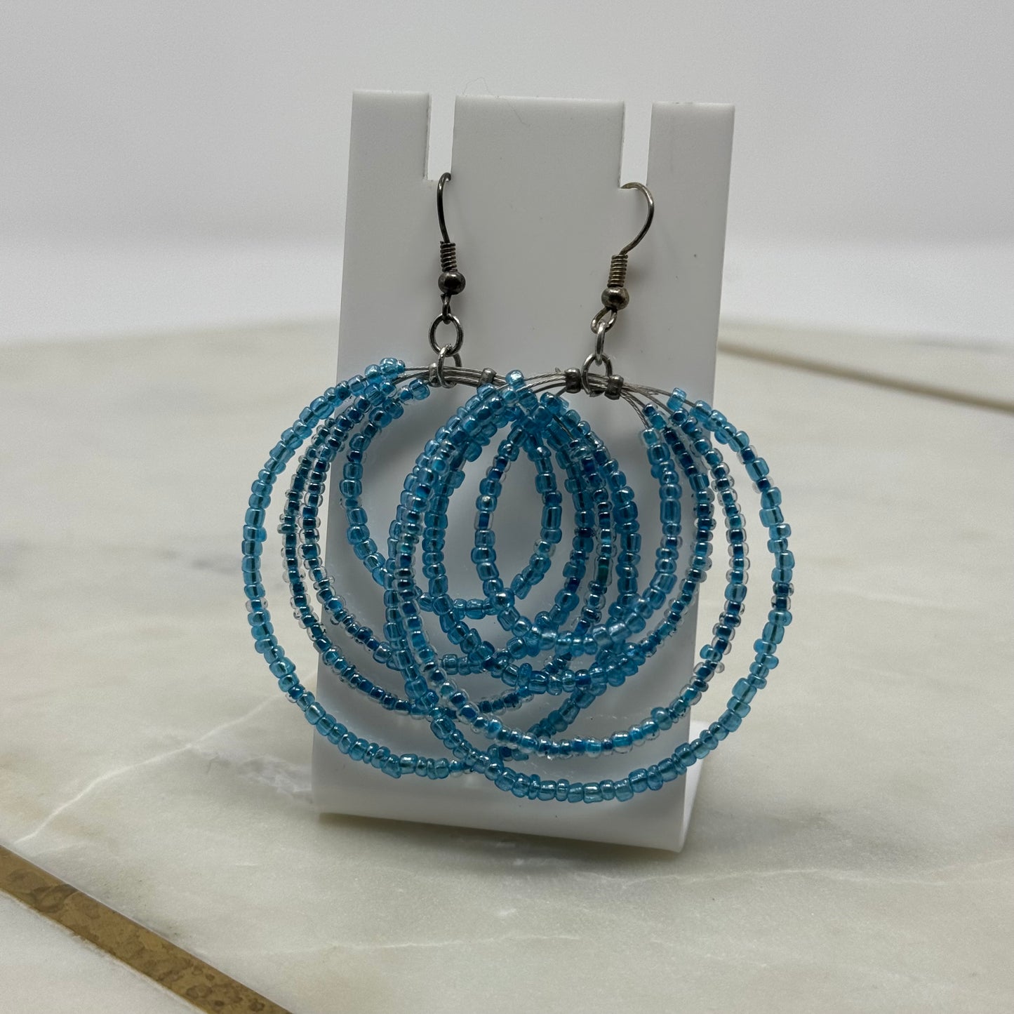 Blue Beaded Dangle Multi Layer Hoop Earrings
