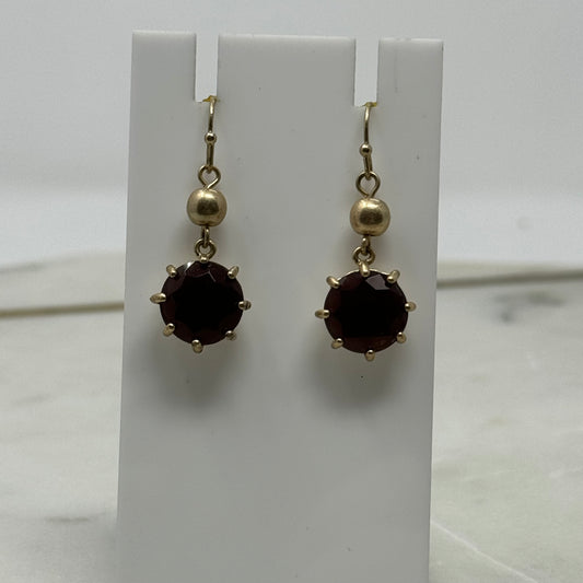 Gold with Raspberry Gem Dangle Hook Earrings