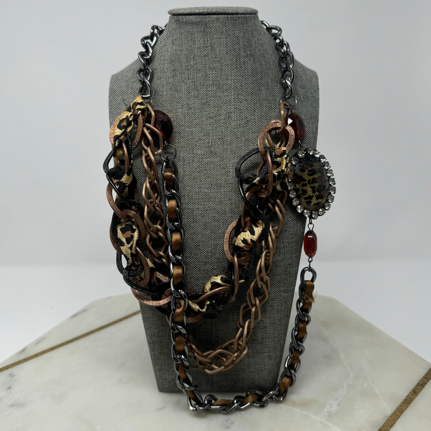 Necklace Statement Layered Chains Chunky Rhinestone Leopard Print Pendant Ribbon 18 in