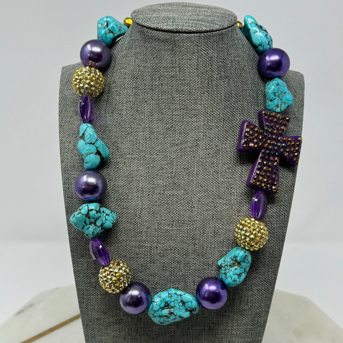 Necklace Boho Southwest Statement Chunky Beaded Pearl Purple Turquoise 20 in