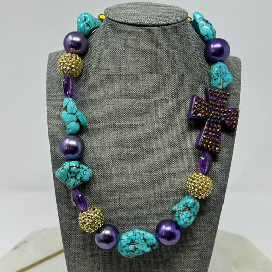 Necklace Boho Southwest Statement Chunky Beaded Pearl Purple Turquoise 20 in