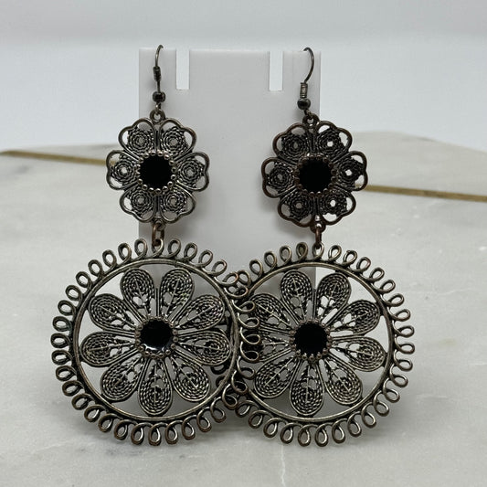 Floral Silver & Black Multi-Layer Dangle Hook Earrings