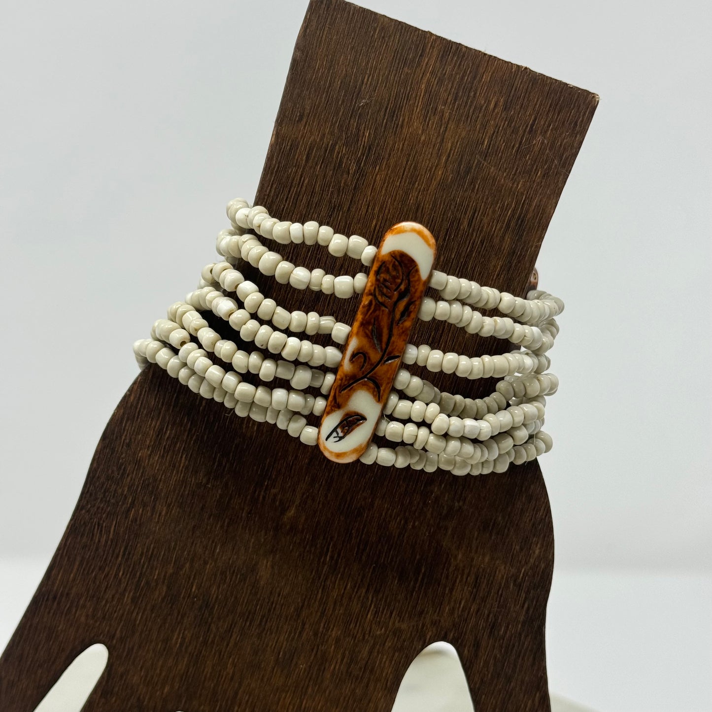 Bracelet Boho Statement Carved Rose Multi-Layer Seed Beaded Cuff 7 in