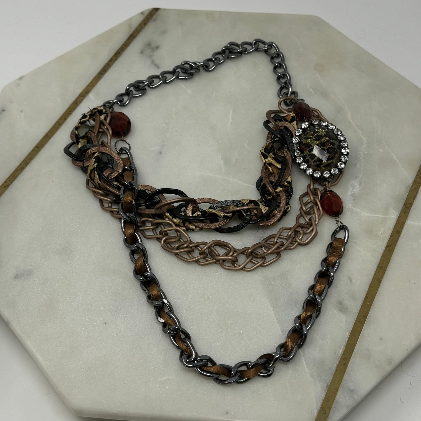 Necklace Statement Layered Chains Chunky Rhinestone Leopard Print Pendant Ribbon 18 in