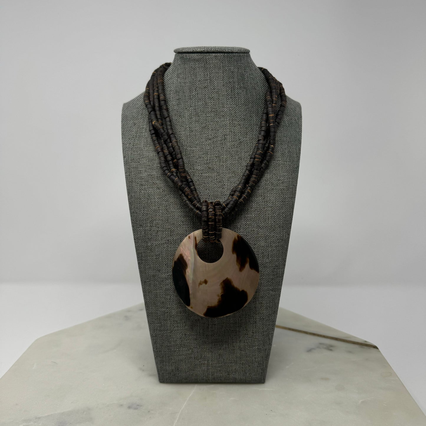 Boho Brown Beaded Necklace Large Shell Pendant Multi-Strand Brown Handmade Statement Jewelry
