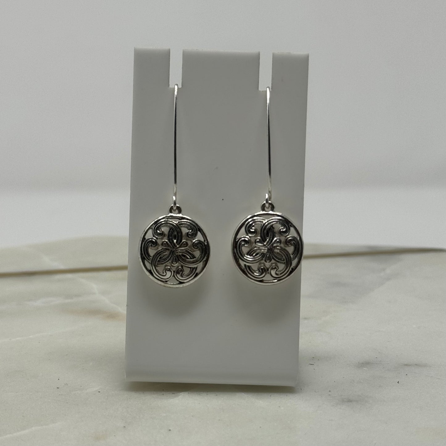Round Silver Intricate Dangle Long Hook Earrings