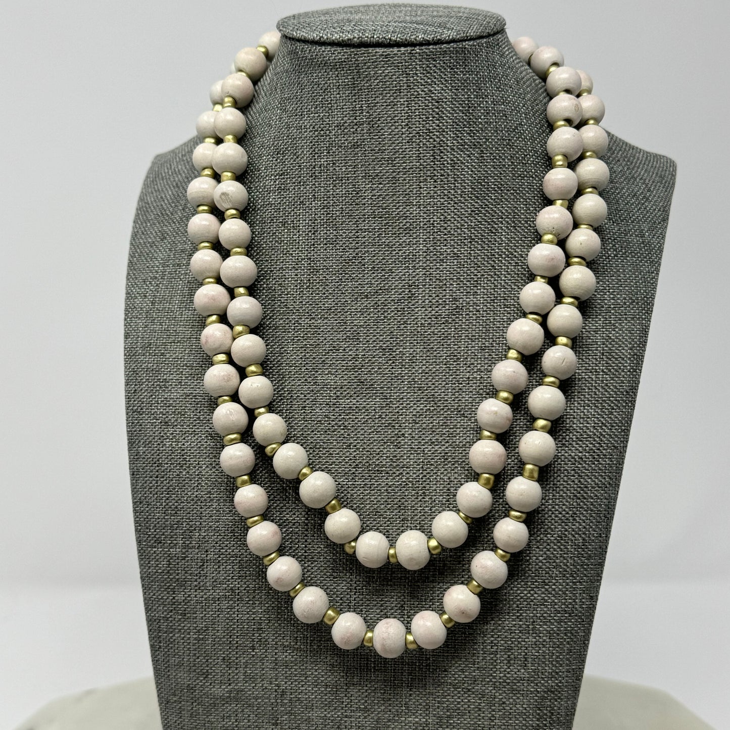 Necklace Boho Southwest Wood Beads White & Gold Tone Spacer 36 in
