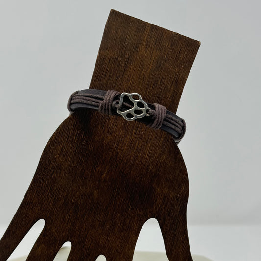 Bracelet Boho Brown Leather Bangle 7 Inch Paw Print Charm