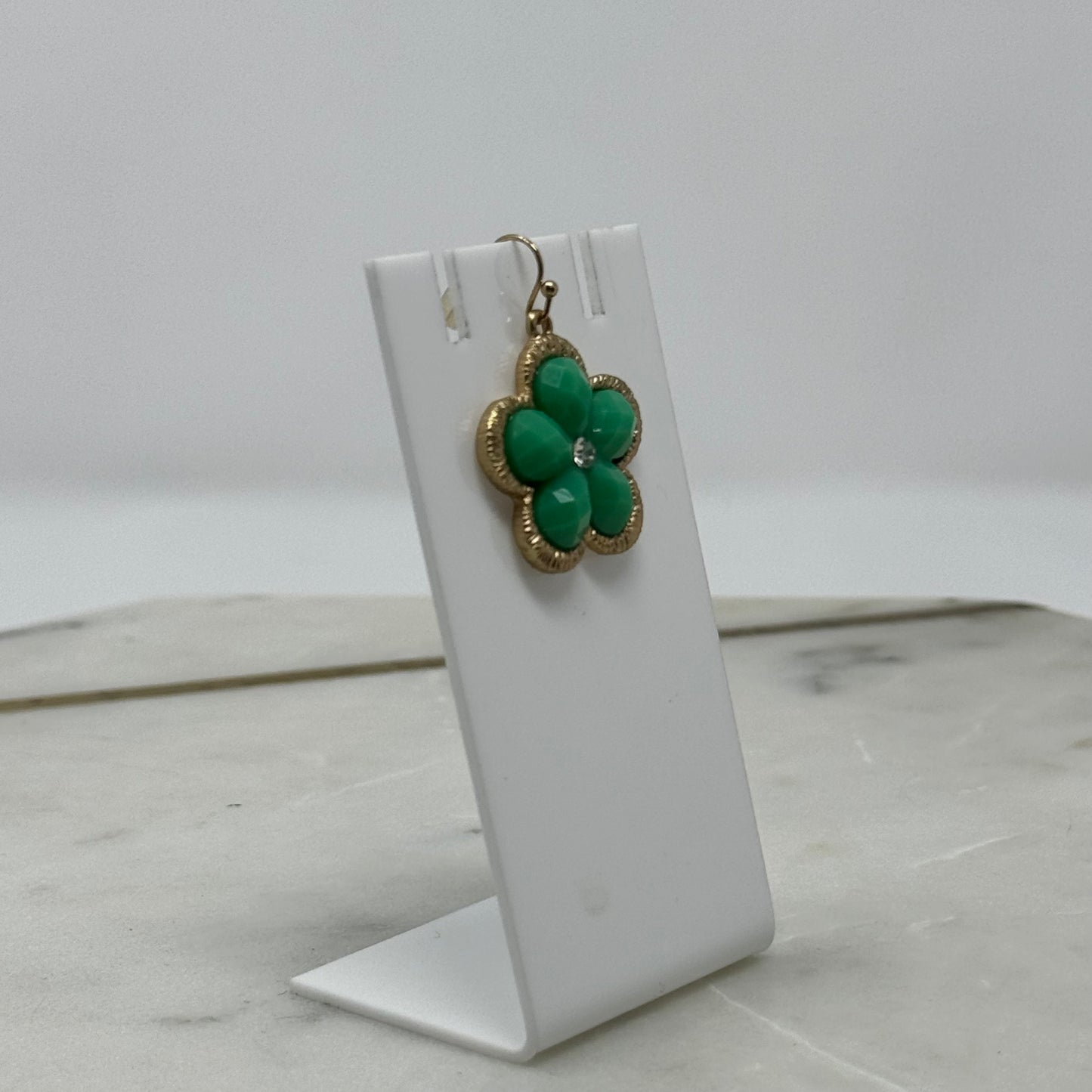 Green & Gold Flower Rhinestone Dangle Hook Earrings