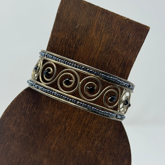 Vintage Silver & Black Beaded Bracelet with Swirl Design - Trendy Boho Fashion Jewelry