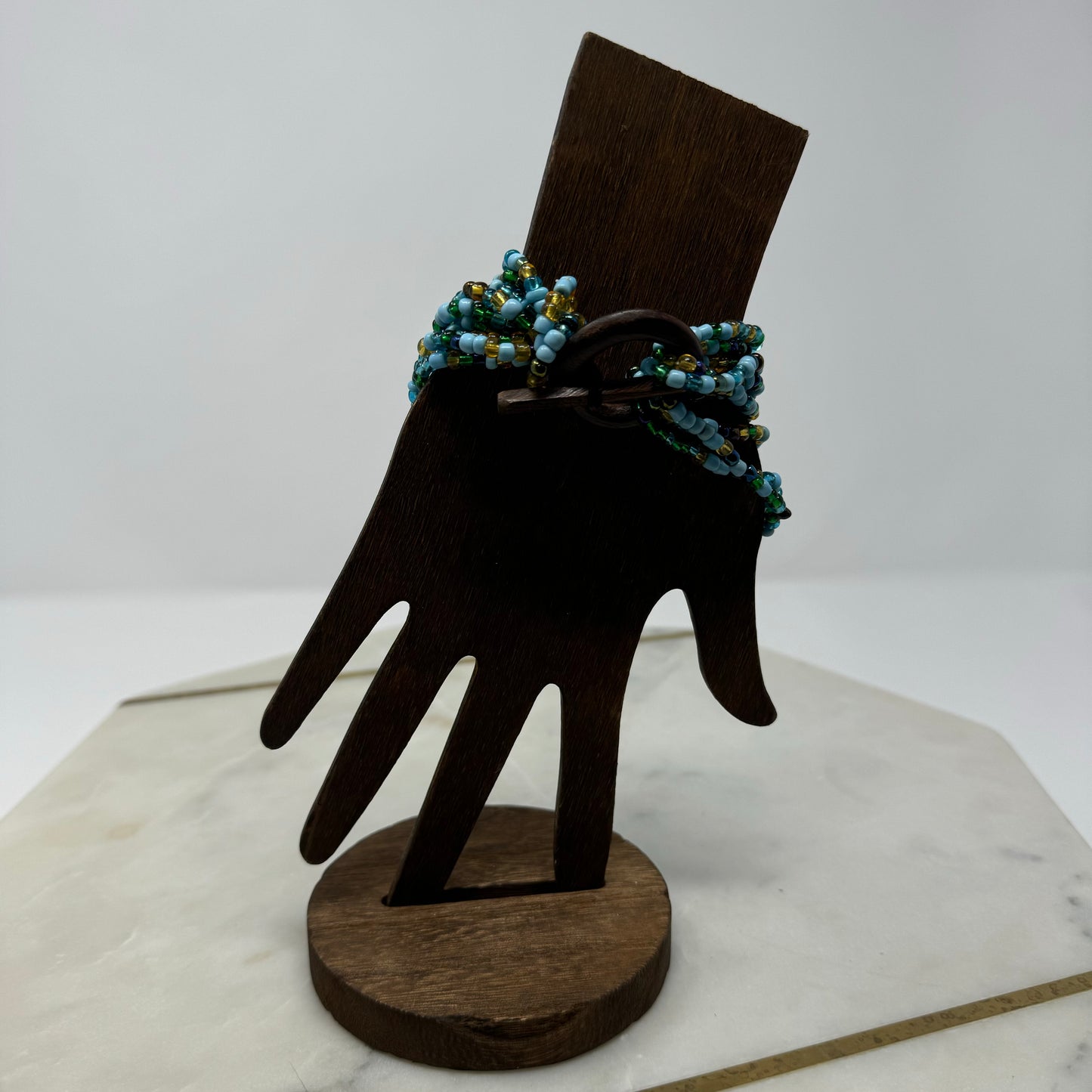 Womens Bracelet Blue Multi-Layer Seed Beaded Cuff Toggle Closure Bracelet 8 in