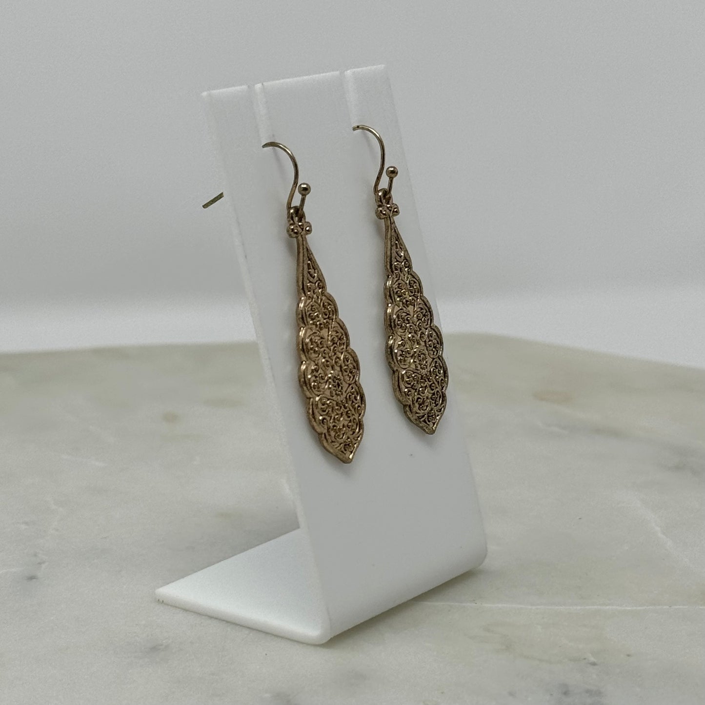 Earrings Boho Southwest Gold Tone Detailed Ornate Teardrop Dangle Hook 2 in