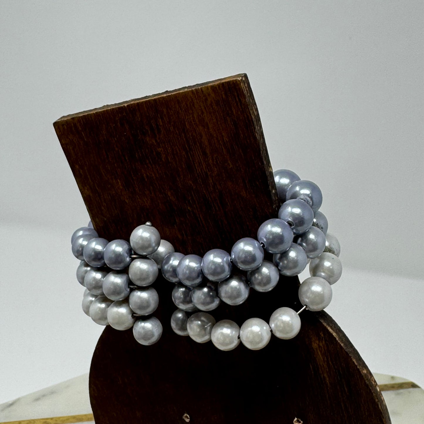 Bracelet Faux Pearl Multi Row Silver Tone Beaded Rhinestone Spacer Wrap Cuff Bangle 6 Inch