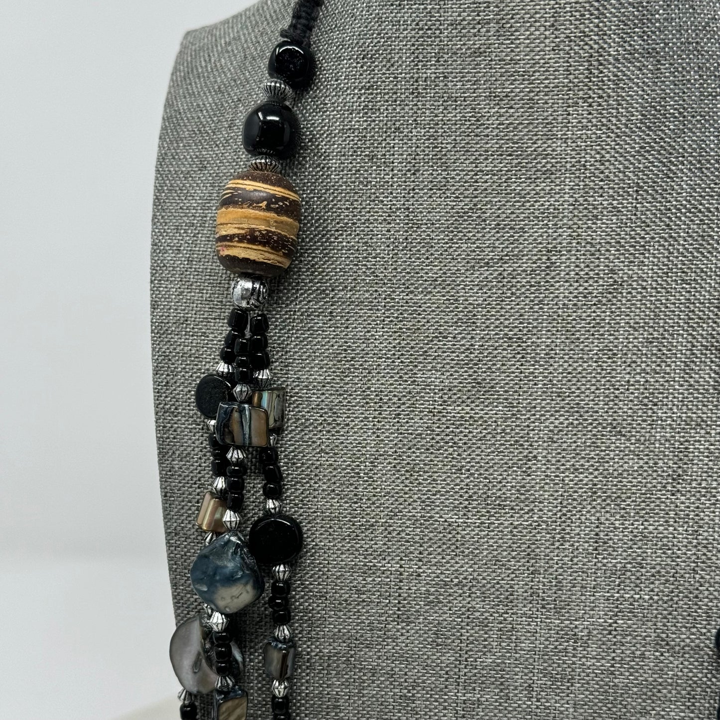 Necklace Boho Beachy Beaded Strands Shell Wood Glass Black Grey 26 in