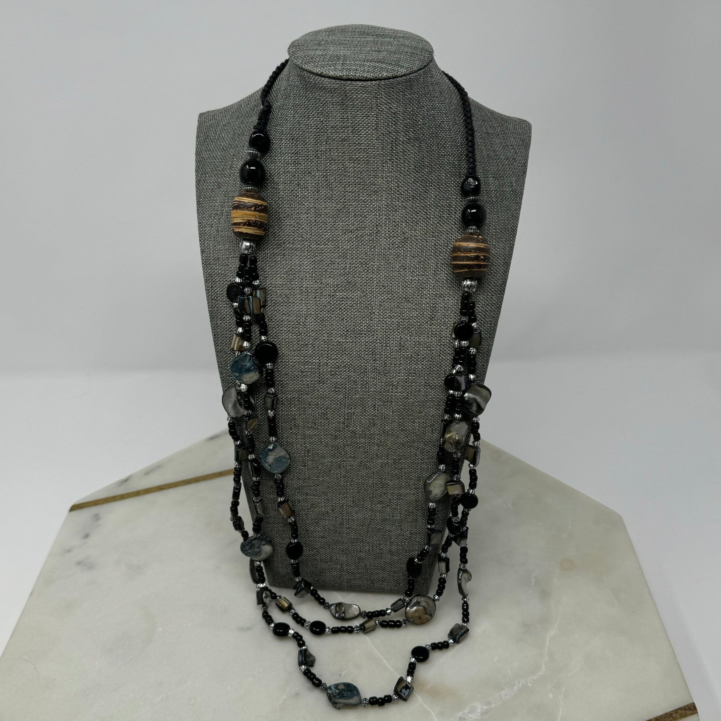Necklace Boho Beachy Beaded Strands Shell Wood Glass Black Grey 26 in