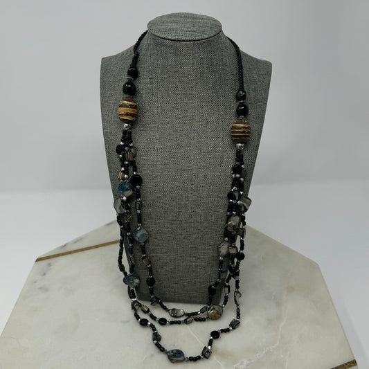 Necklace Boho Beachy Beaded Strands Shell Wood Glass Black Grey 26 in