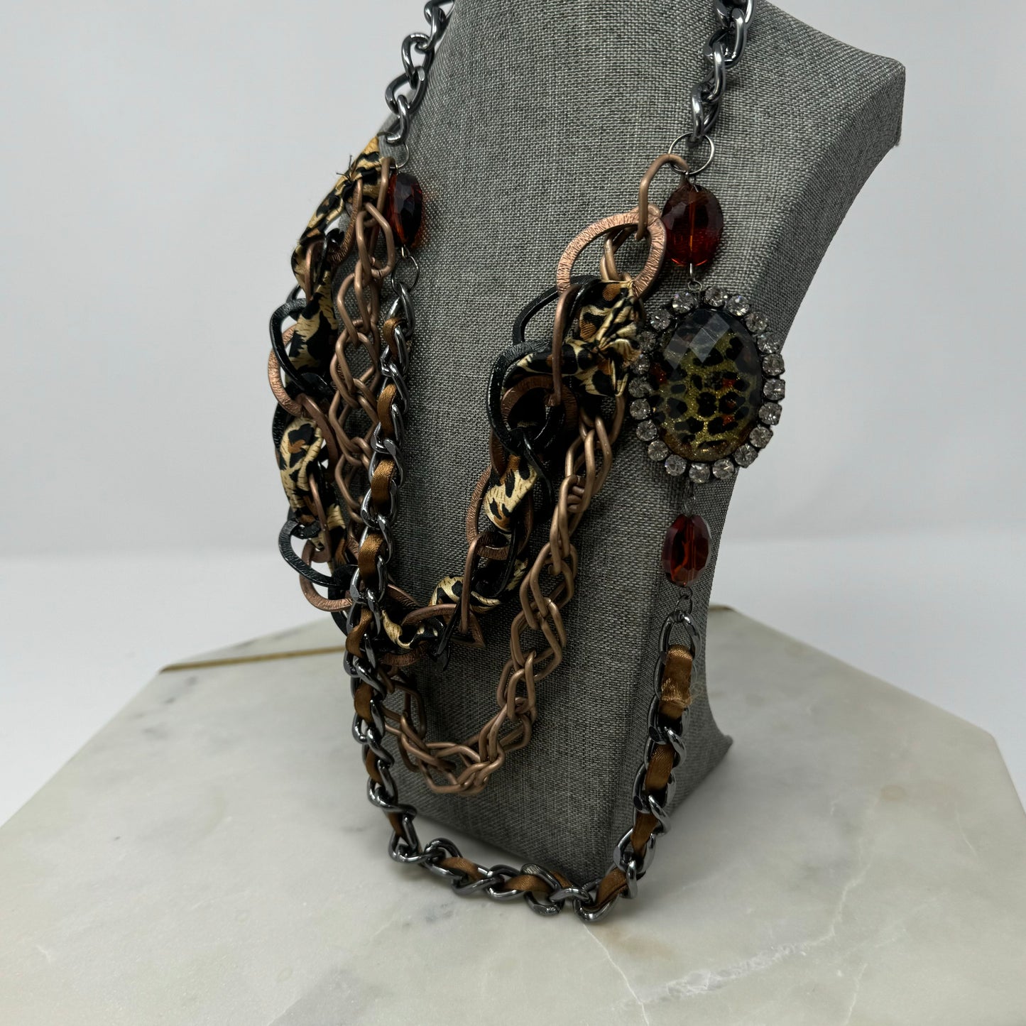 Necklace Statement Layered Chains Chunky Rhinestone Leopard Print Pendant Ribbon 18 in