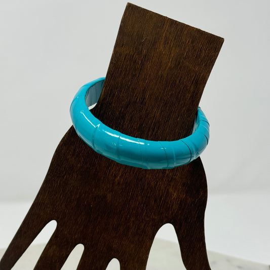 Turquoise Leather Bangle Bracelet - Retro 80s Style, Chunky Statement Jewelry, Bright Blue Cuff