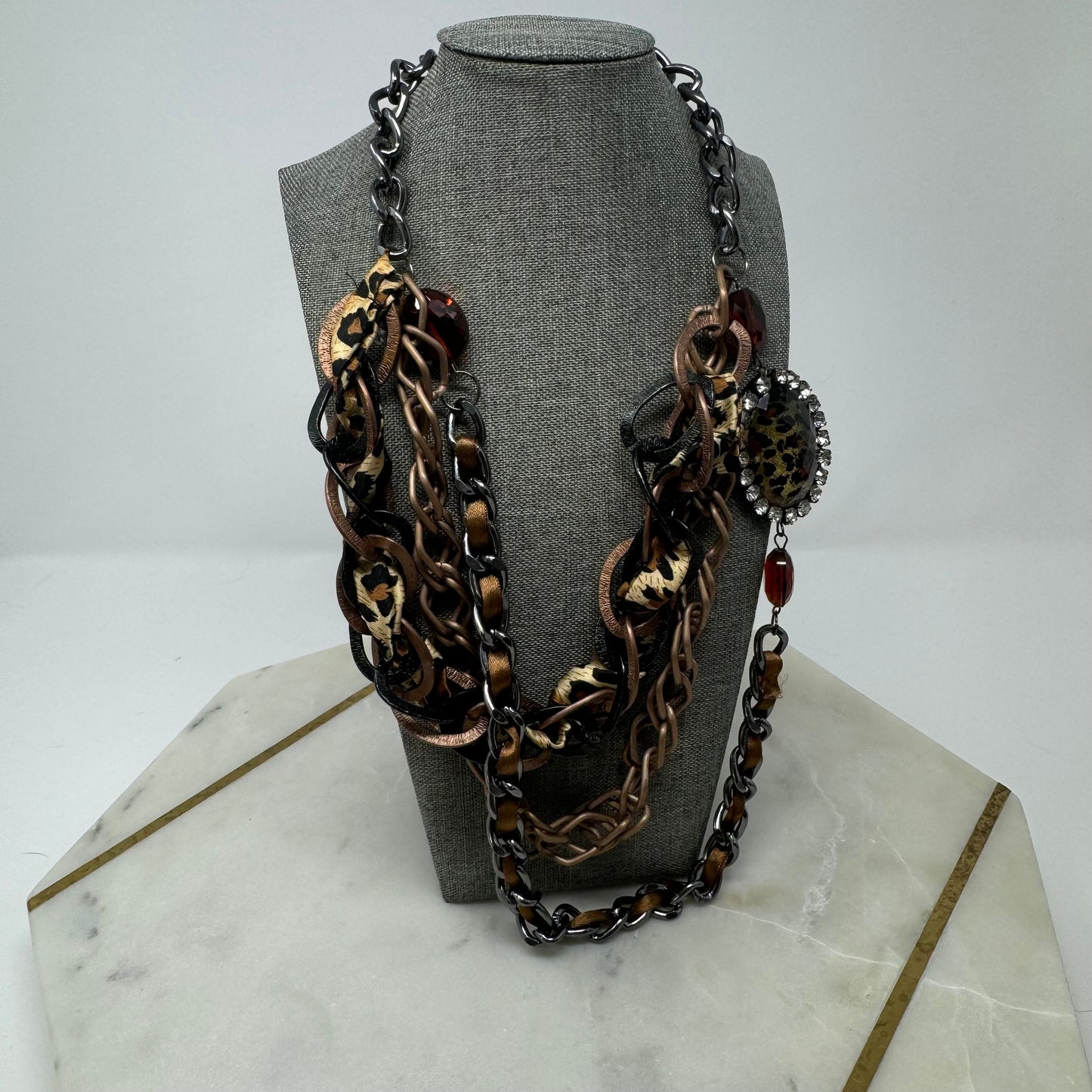 Necklace Statement Layered Chains Chunky Rhinestone Leopard Print Pendant Ribbon 18 in