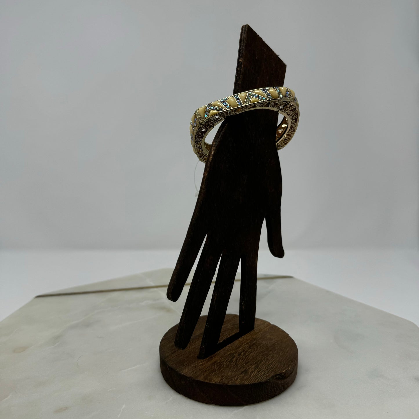 Gold Tone Bangle Bracelet – Enamel Inlay, Rhinestone Accents, Boho Chic, Geometric Design