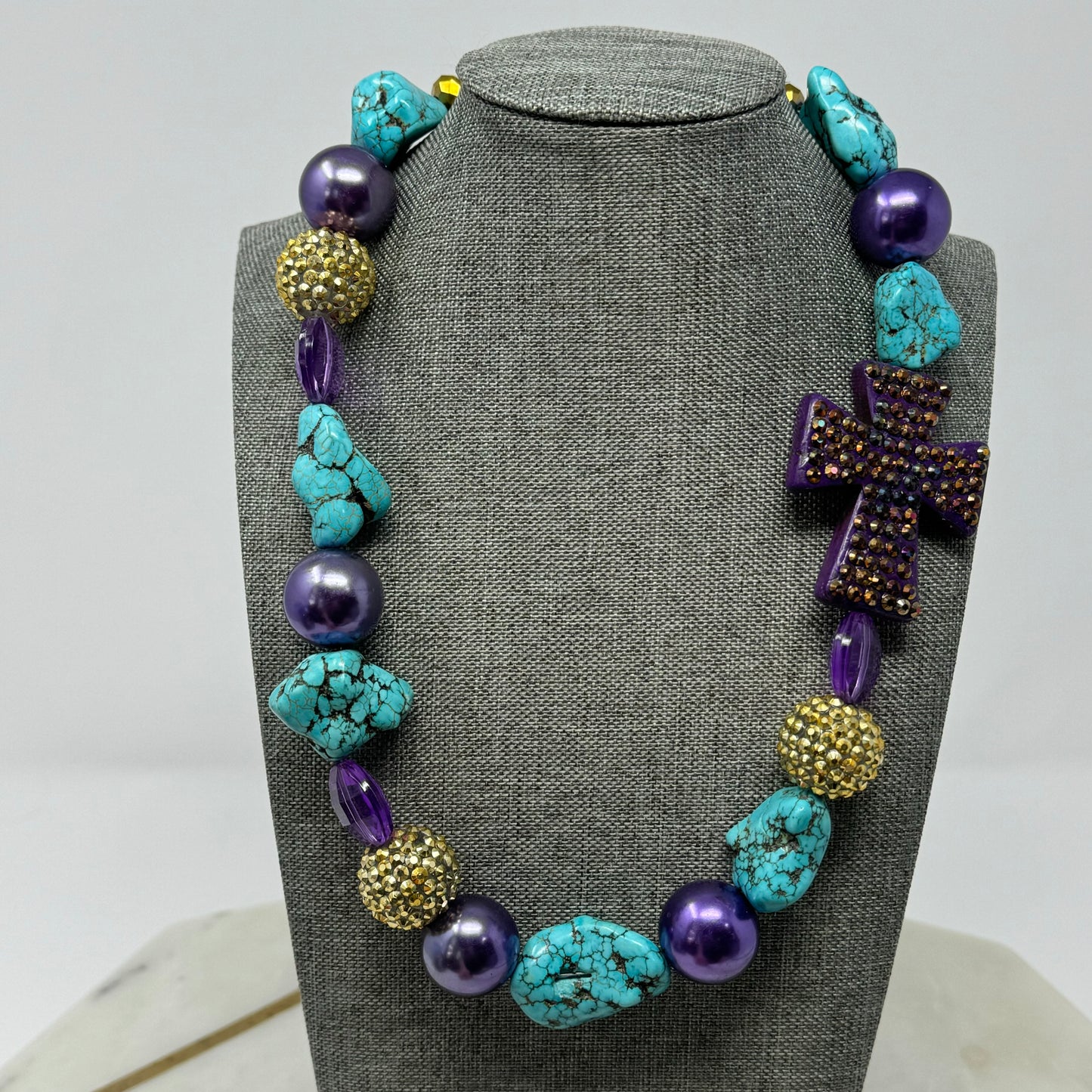 Necklace Boho Southwest Statement Chunky Beaded Pearl Purple Turquoise 20 in