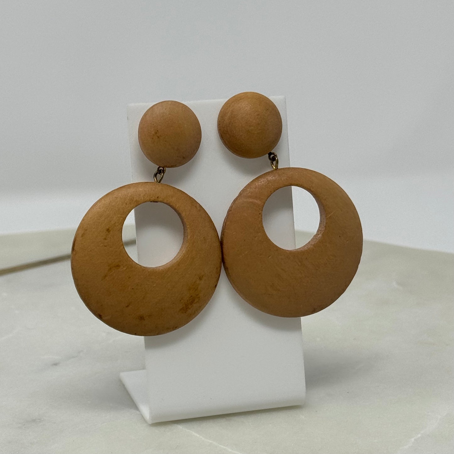 Earrings Boho Wood Dangles Round Stud 2.5 Inch Drop Pierced Ears