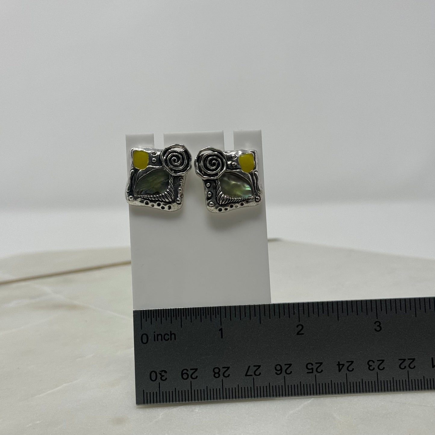 Green & Yellow Square Eclectic Silver Stud Earrings