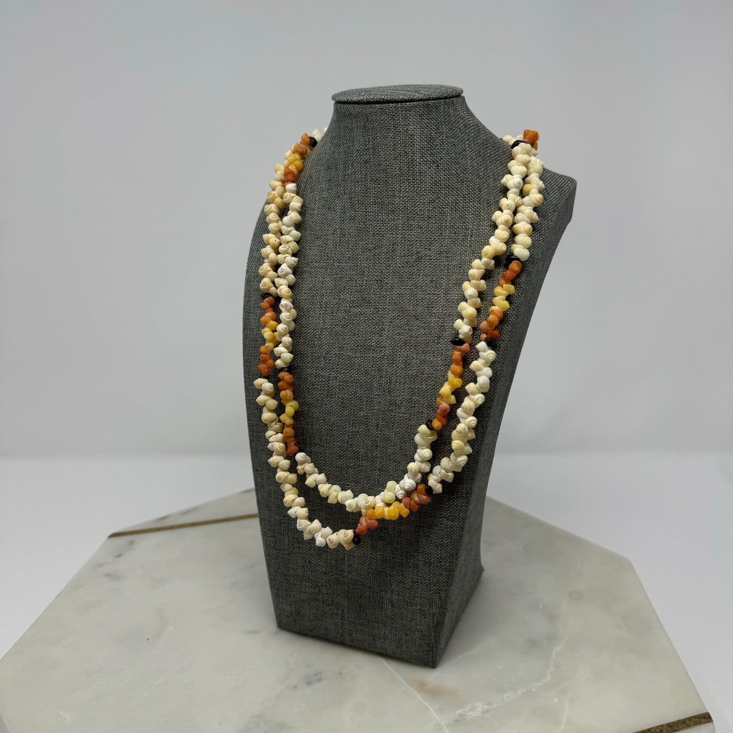 Boho Multi-Strand Shell Necklace Natural & Orange Tones Handmade Beach Statement Jewelry