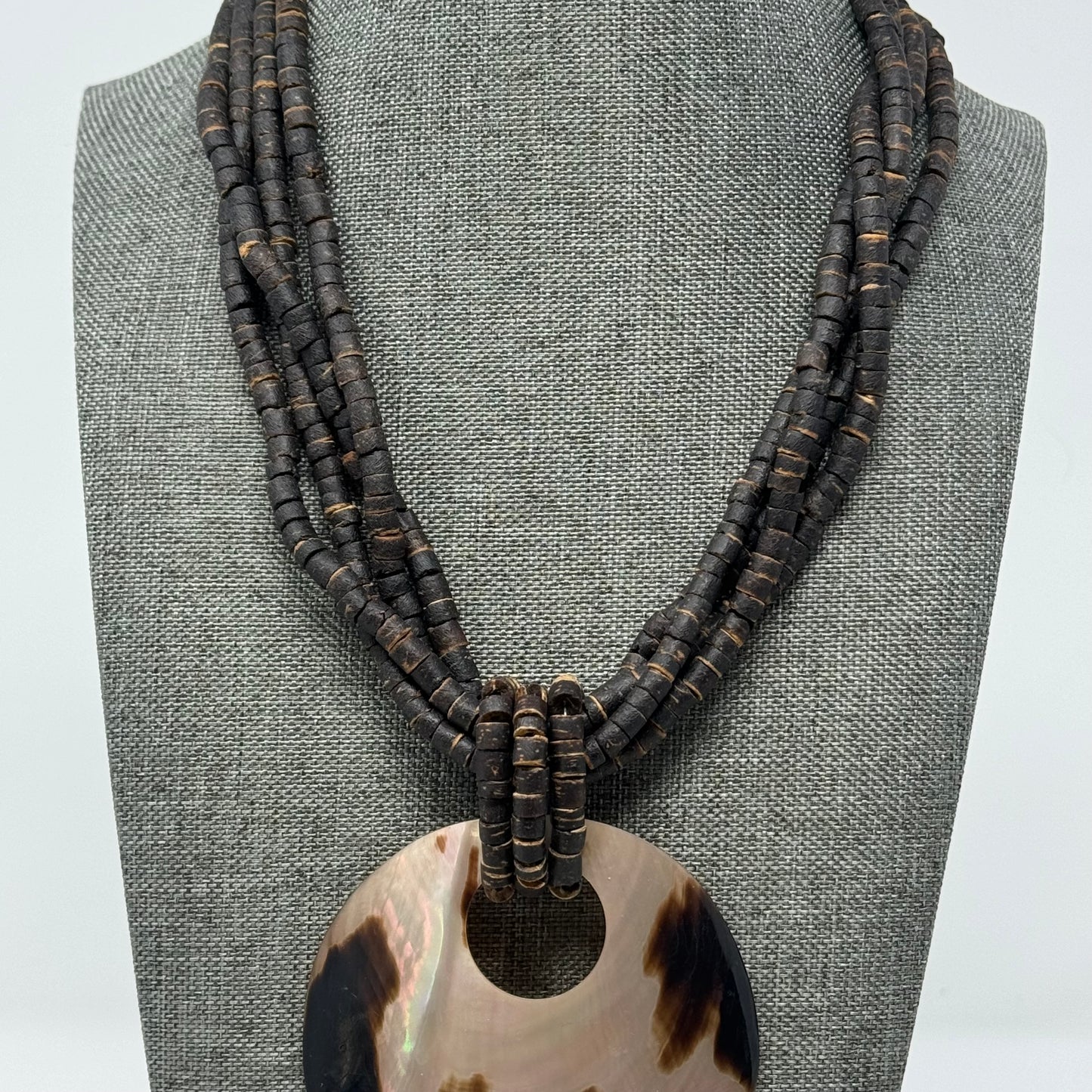 Boho Brown Beaded Necklace Large Shell Pendant Multi-Strand Brown Handmade Statement Jewelry
