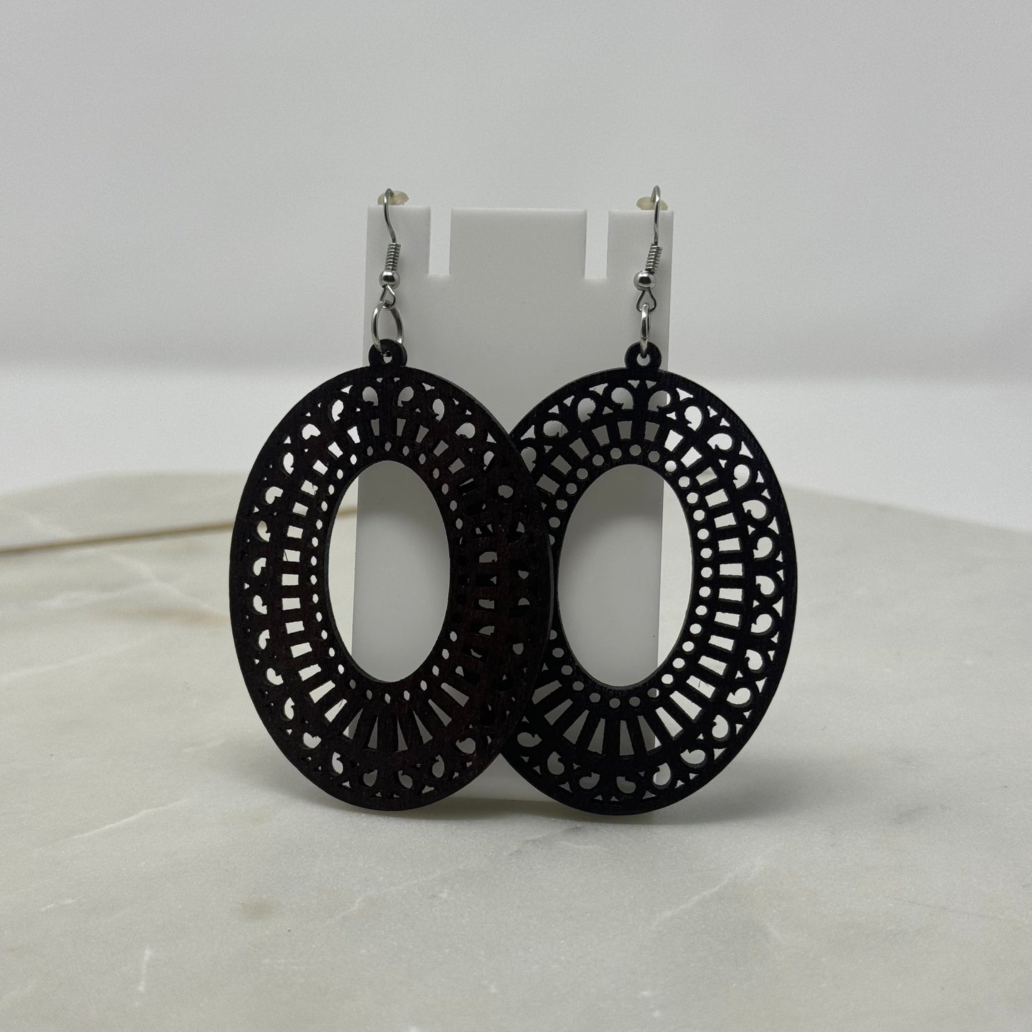 Intricate Round Wood Dangle Hook Earrings
