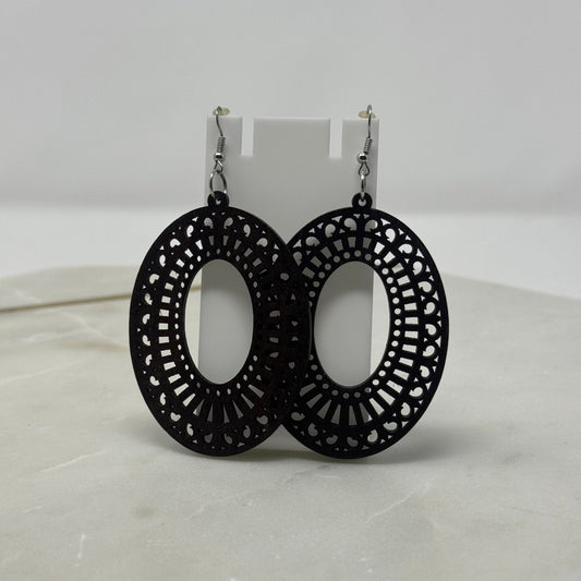 Intricate Round Wood Dangle Hook Earrings