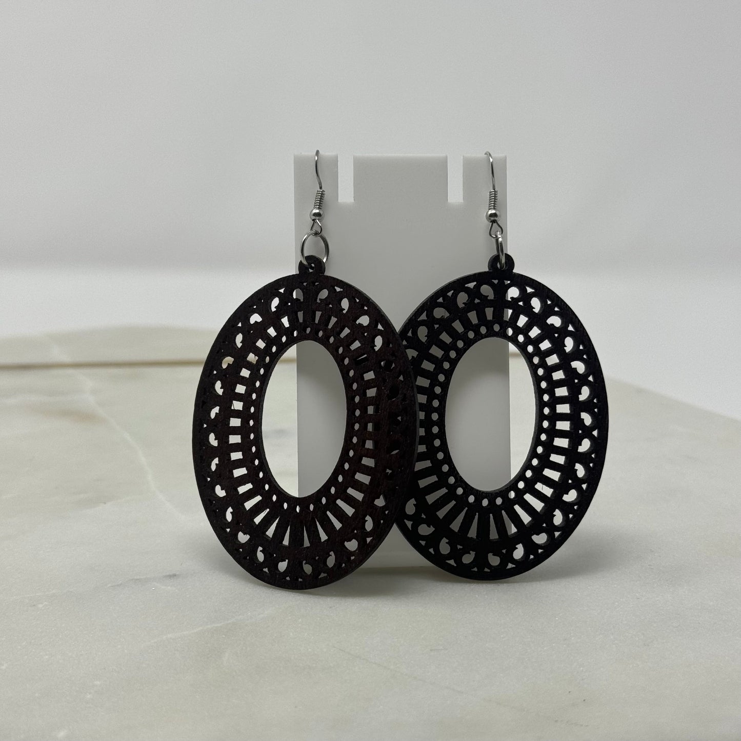 Intricate Round Wood Dangle Hook Earrings