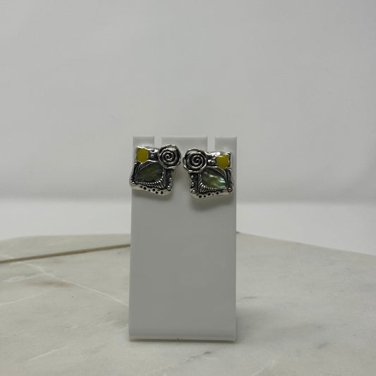 Green & Yellow Square Eclectic Silver Stud Earrings