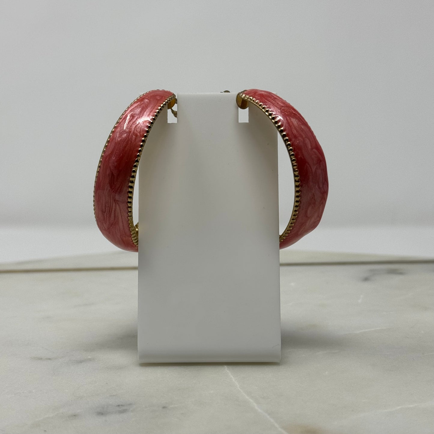 Large Coral Enamel & Gold Hoop Earrings