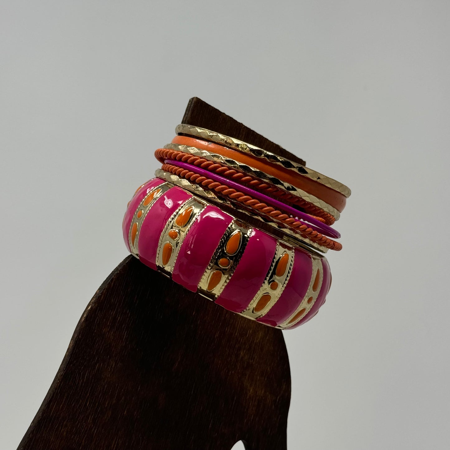 Vibrant Boho Bracelet Set Tribal Chic Stacked Bangles Enamel & Gold-Tone Statement Jewelry