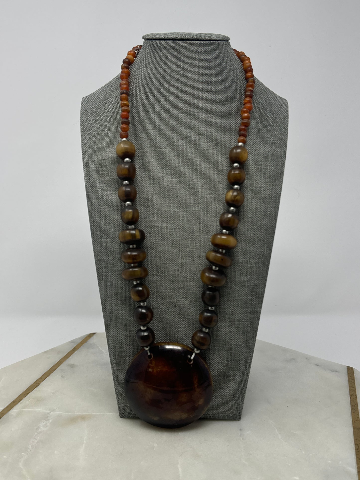 Boho Beaded Statement Necklace with Large Resin Pendant Brown- Handmade Artisan Jewelry
