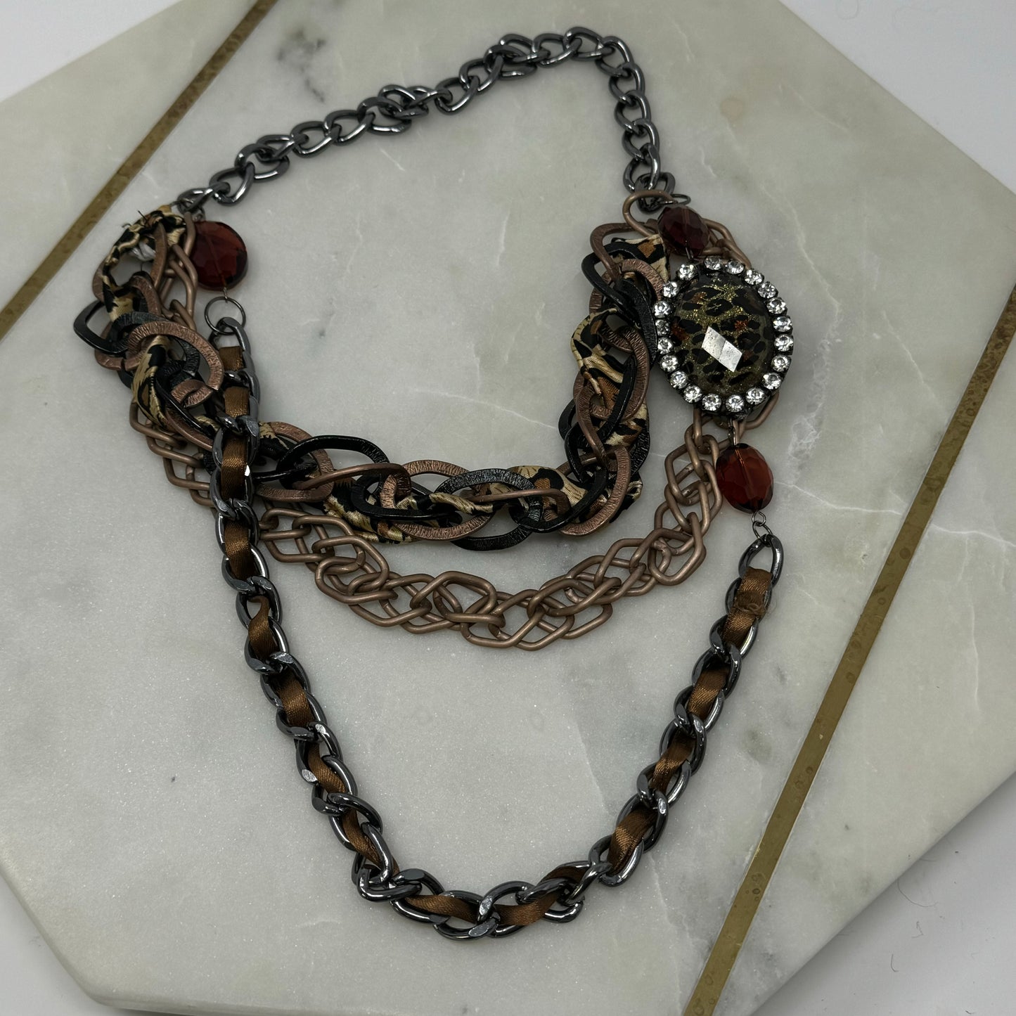 Necklace Statement Layered Chains Chunky Rhinestone Leopard Print Pendant Ribbon 18 in