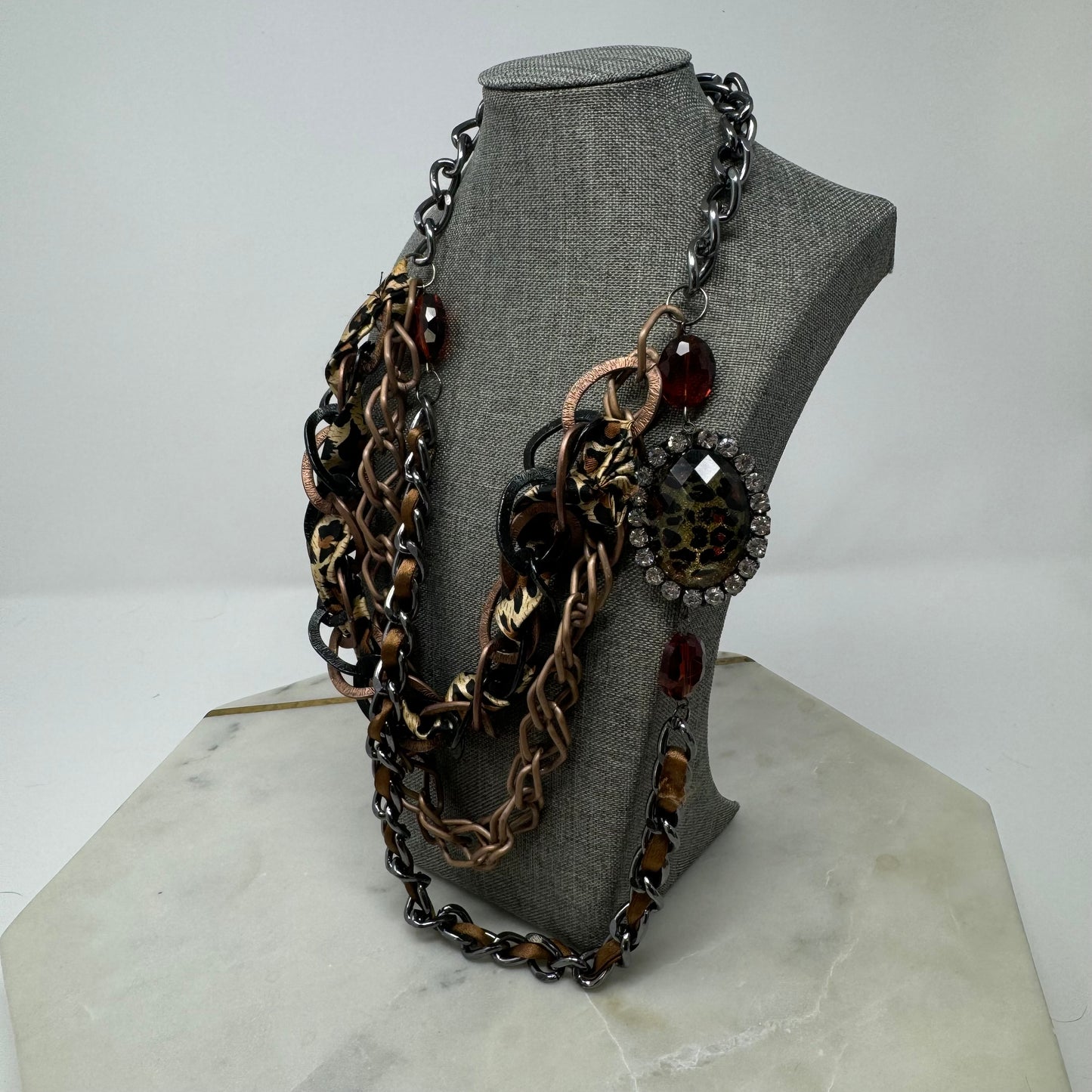 Necklace Statement Layered Chains Chunky Rhinestone Leopard Print Pendant Ribbon 18 in