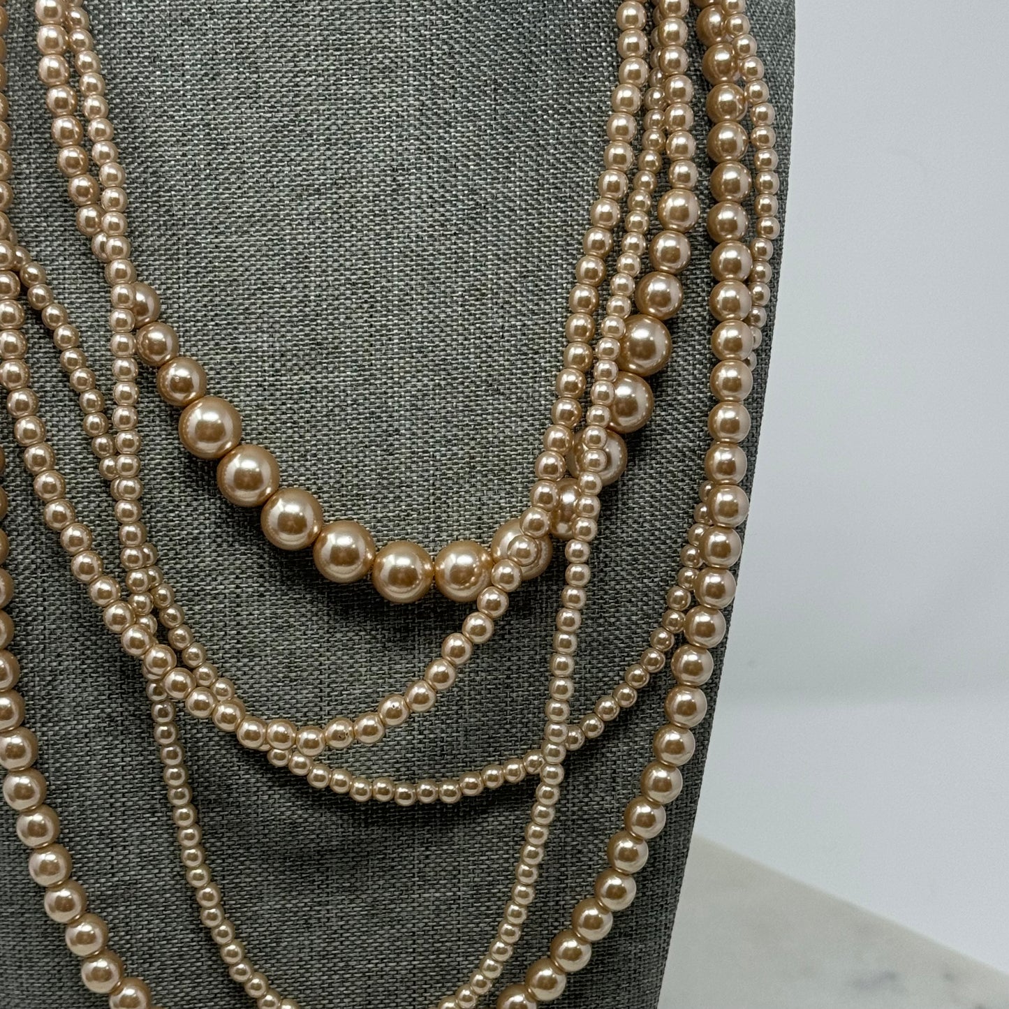 Necklace Statement Beaded Strands Faux Pearl Beige 18 in Costume Jewelry