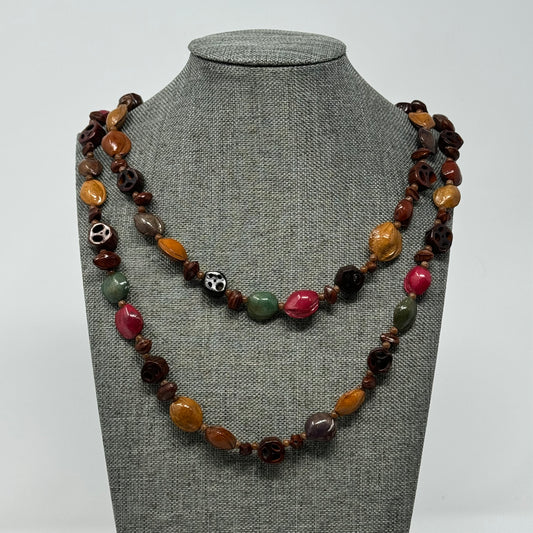 Artisan Hand-carved Bead Necklace - Boho Multi-Colored Statement Jewelry Handmade