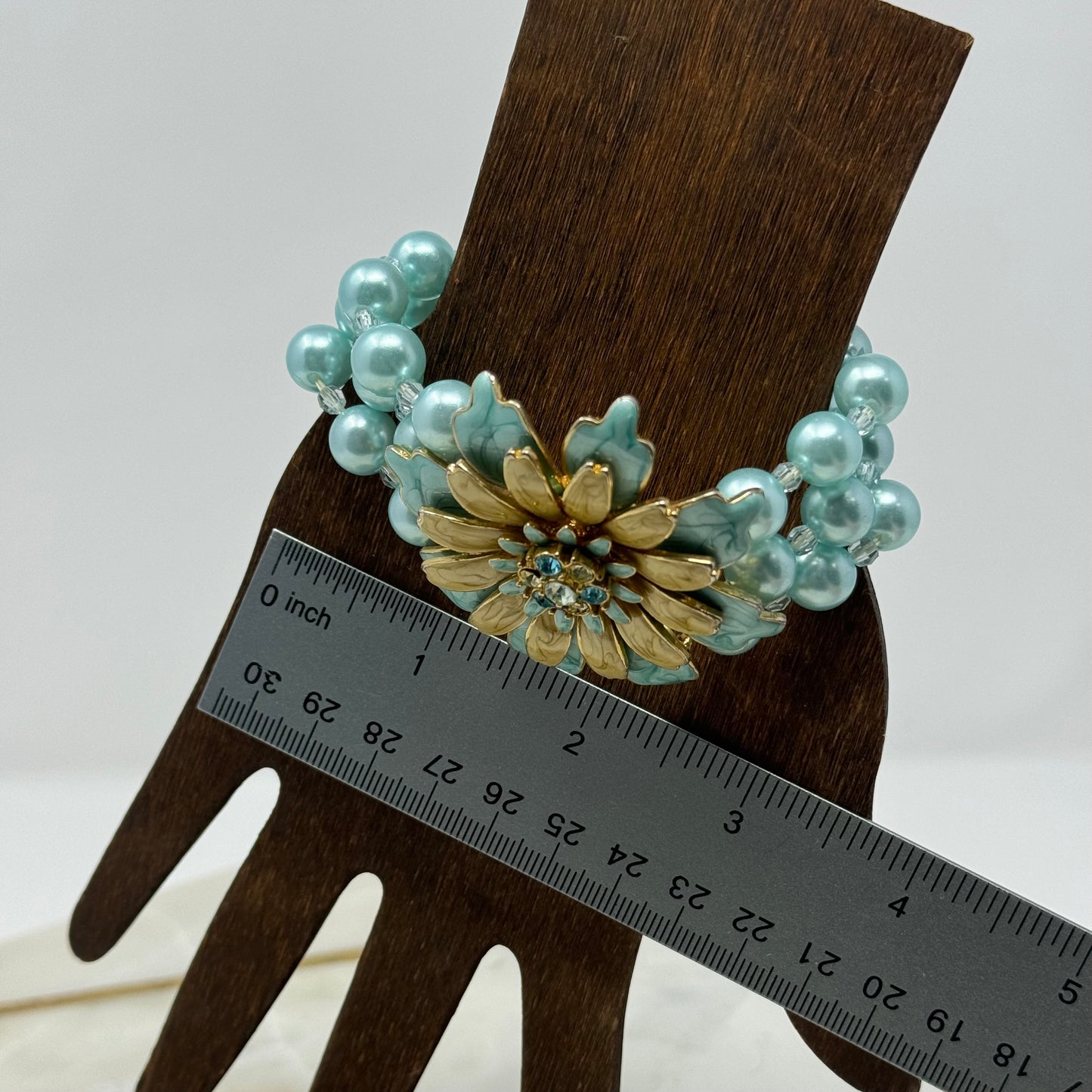 Bracelet Blue Faux Pearl Flower Accent Beaded Multi-Layer 8 in Costume Jewelry