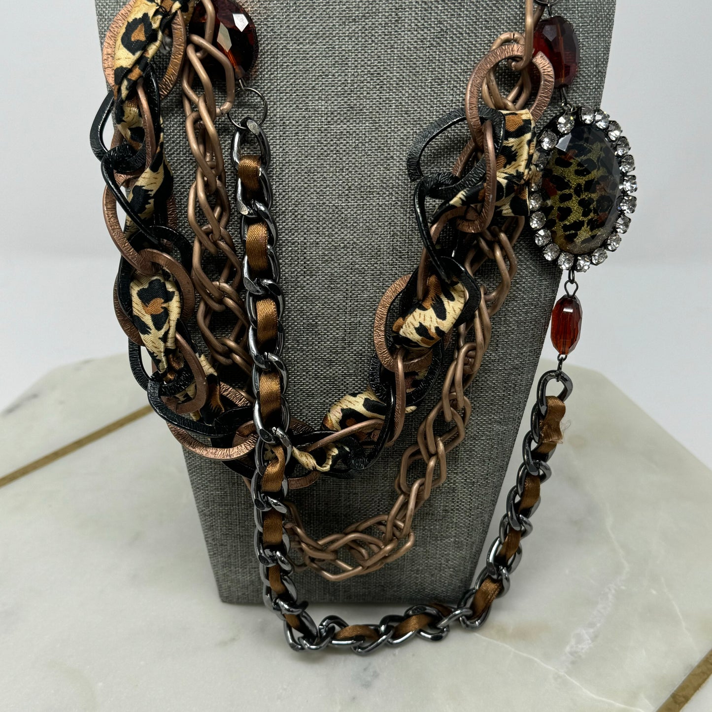 Necklace Statement Layered Chains Chunky Rhinestone Leopard Print Pendant Ribbon 18 in